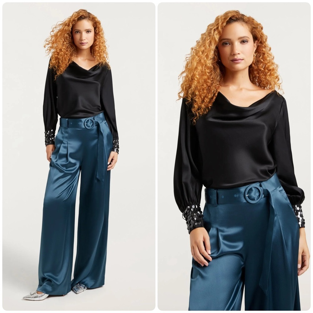 New! Cinq à Sept Black 100% Silk Blouse with Sequin Cuffs 🖤 Small NWT! Holiday - Picture 1 of 13